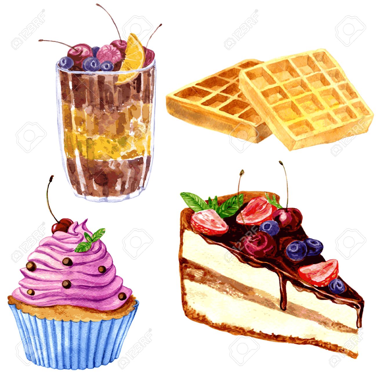 Ensemble De Desserts De Dessin A L Aquarelle Gaufrettes Croustillantes Viennois Dessert Au Chocolat Avec Des Baies Fraiches Petit Gateau A La Creme Rose Et Un Morceau De Gateau Au Chocolat Dessine A