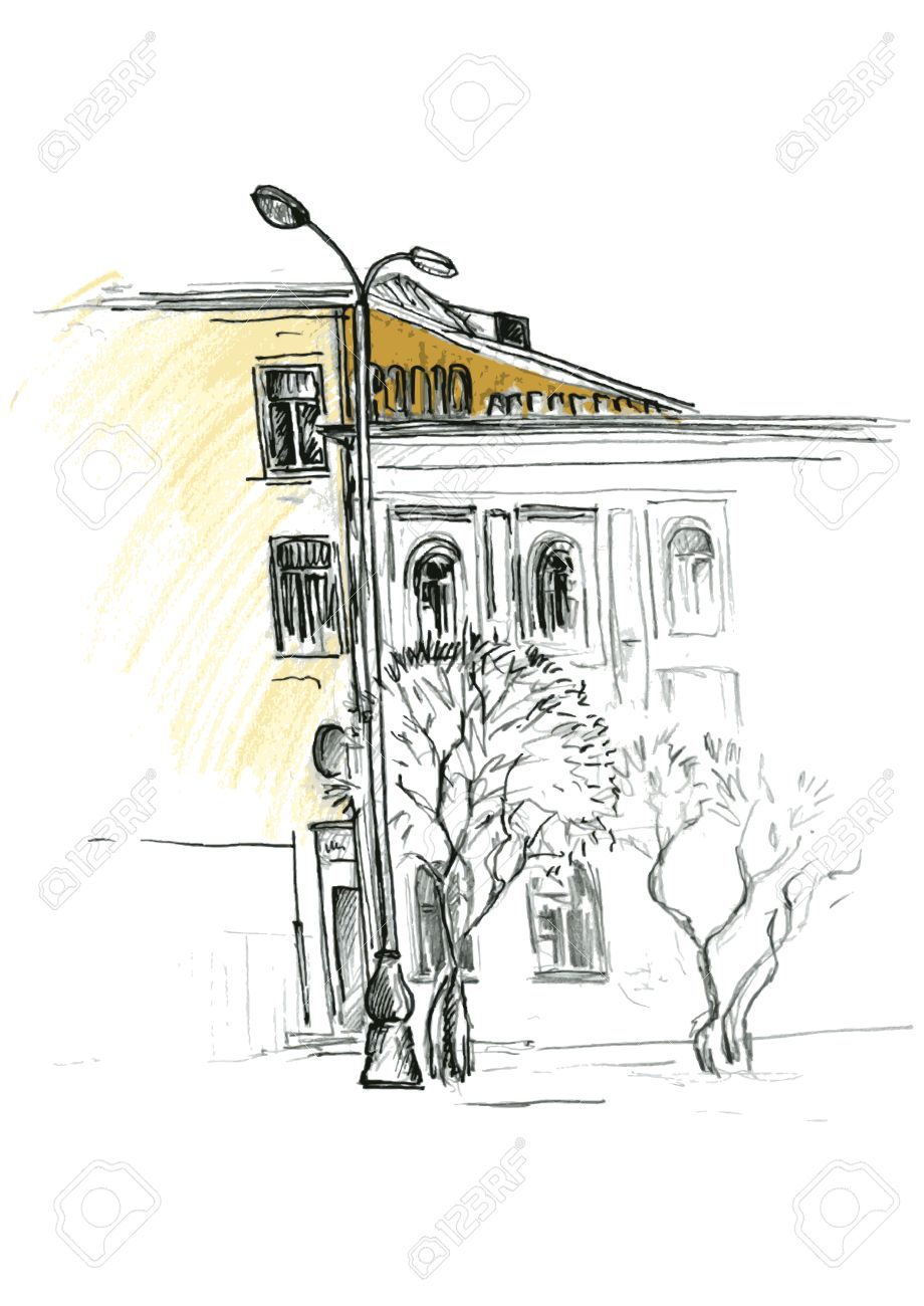 都市のスケッチ 都市の通りの建物 街灯や木 色手描きの背景イラスト のイラスト素材 ベクタ Image