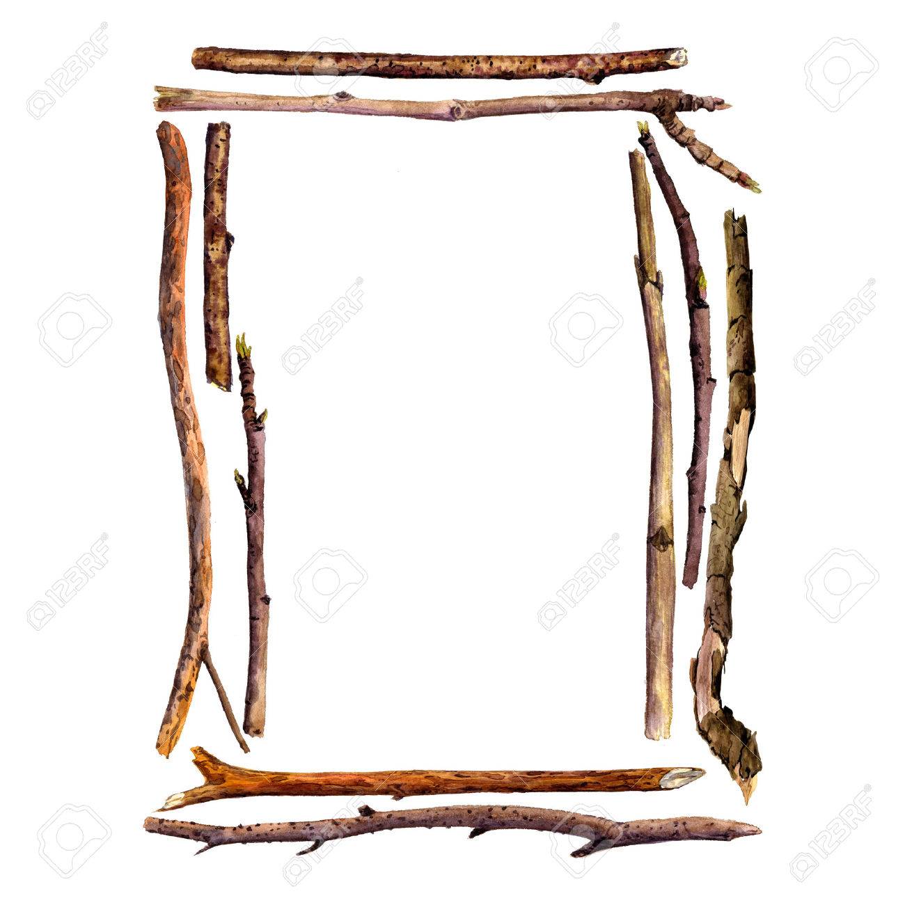 長方形フレーム水彩木小枝 分離手描き自然オブジェクト 木の枝 木の棒と手描き下ろしイラスト 自然のテンプレート 森の背景 の写真素材 画像素材 Image
