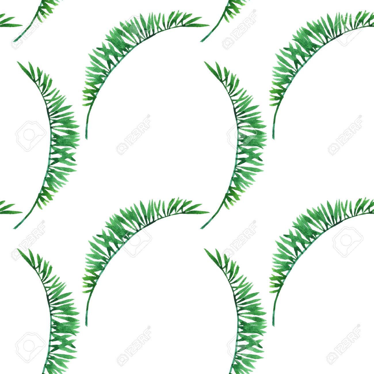 Seamless Pattern With Watercolor Green Leaves Of Palm Tree