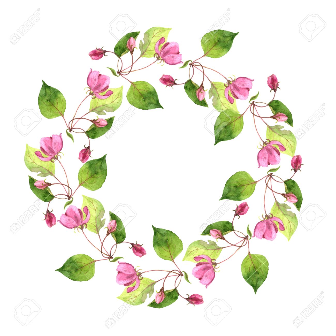 Round Floral Frame With Watercolor Pink Apple Tree Flowers, Apple Tree  Blossoms Wreath, Buds And Leaves, Template With Spring Flowers, Gift Card,  Invitation,Hand Drawn Artistic Illustration Stock Photo, Picture And  Royalty Free