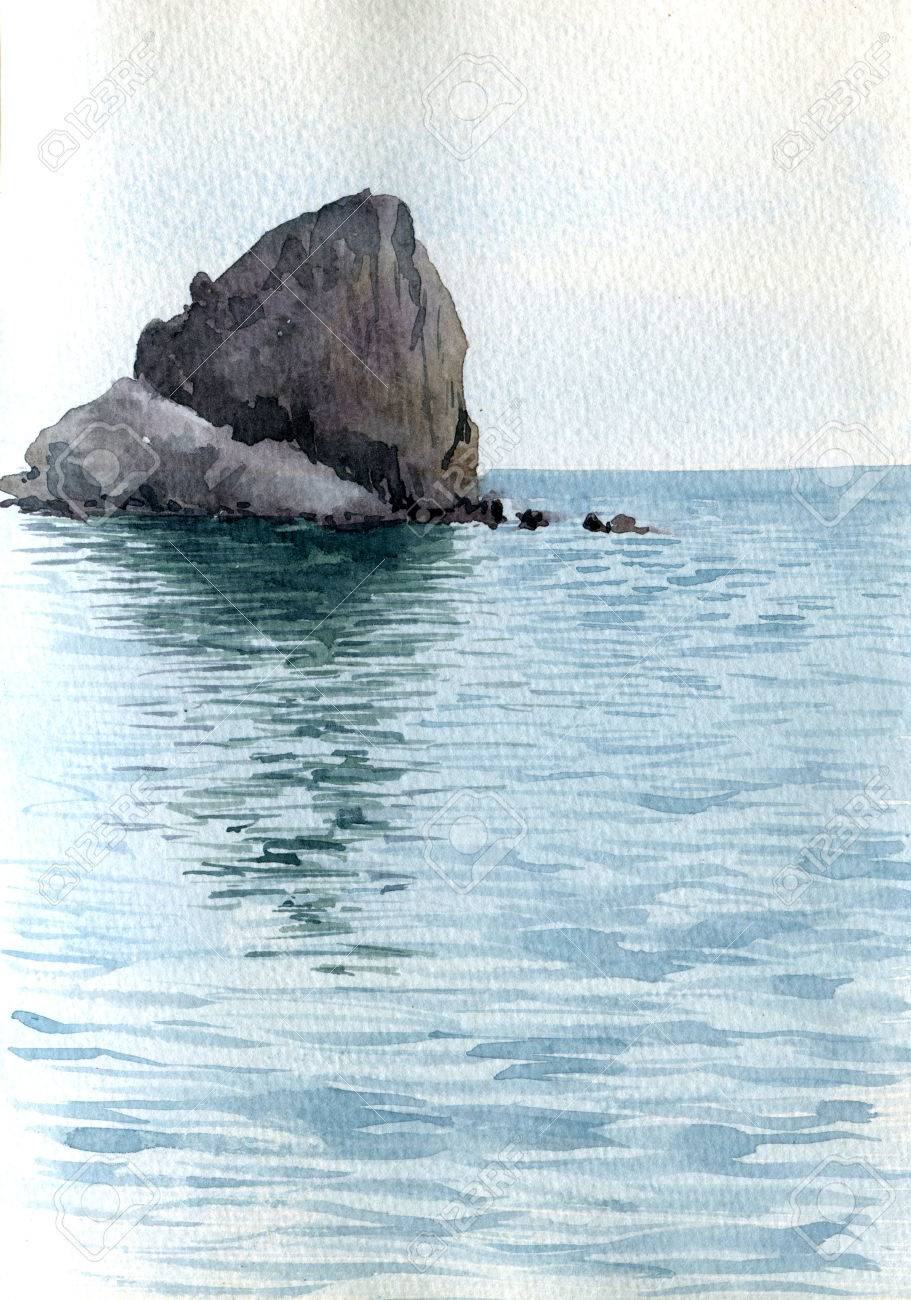 Rocher Isolé Au Milieu De La Mer Avec La Réflexion Dans Leau Calme Le Dessin Du Paysage à Laquarelle La Main Peinture Illustration