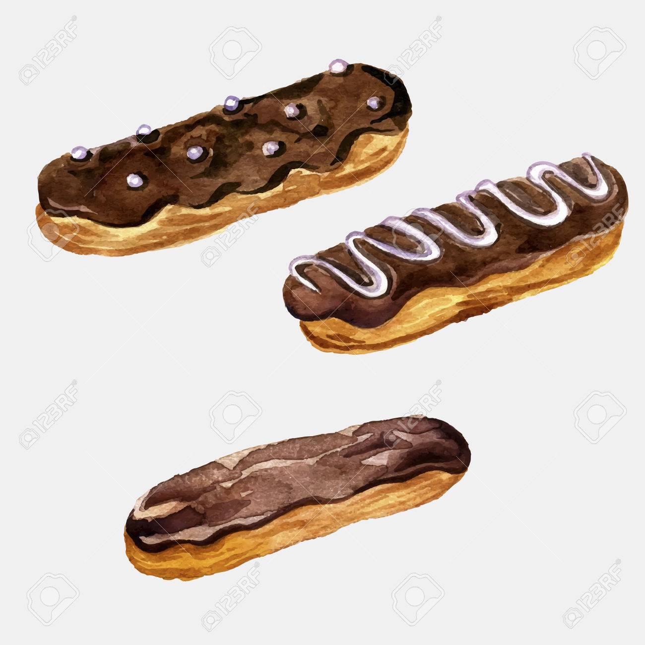Vecteur Chocolat De Eclairs Vitrage Dessin A L Aquarelle Gateaux Illustration Tiree Par La Main Clip Art Libres De Droits Vecteurs Et Illustration Image