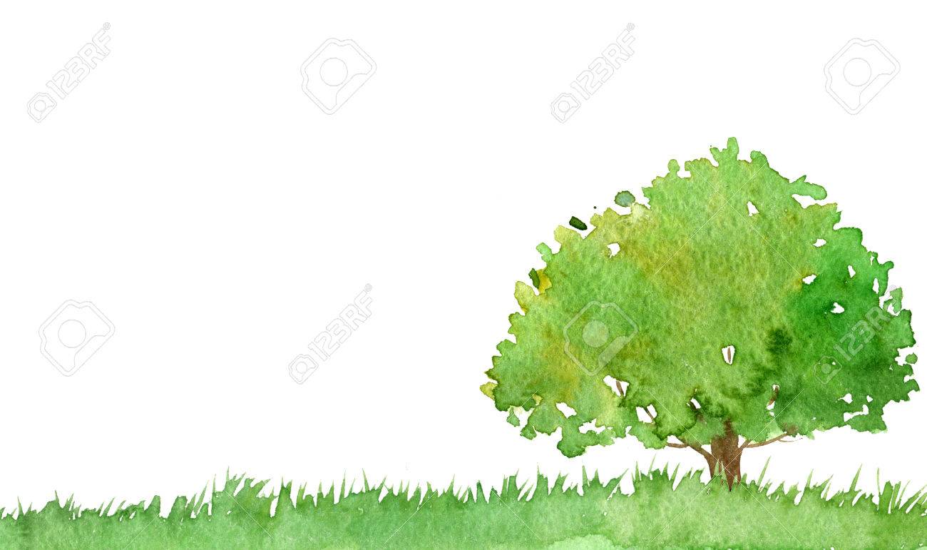 watercolor landscape with tree and grass green foliage abstract
