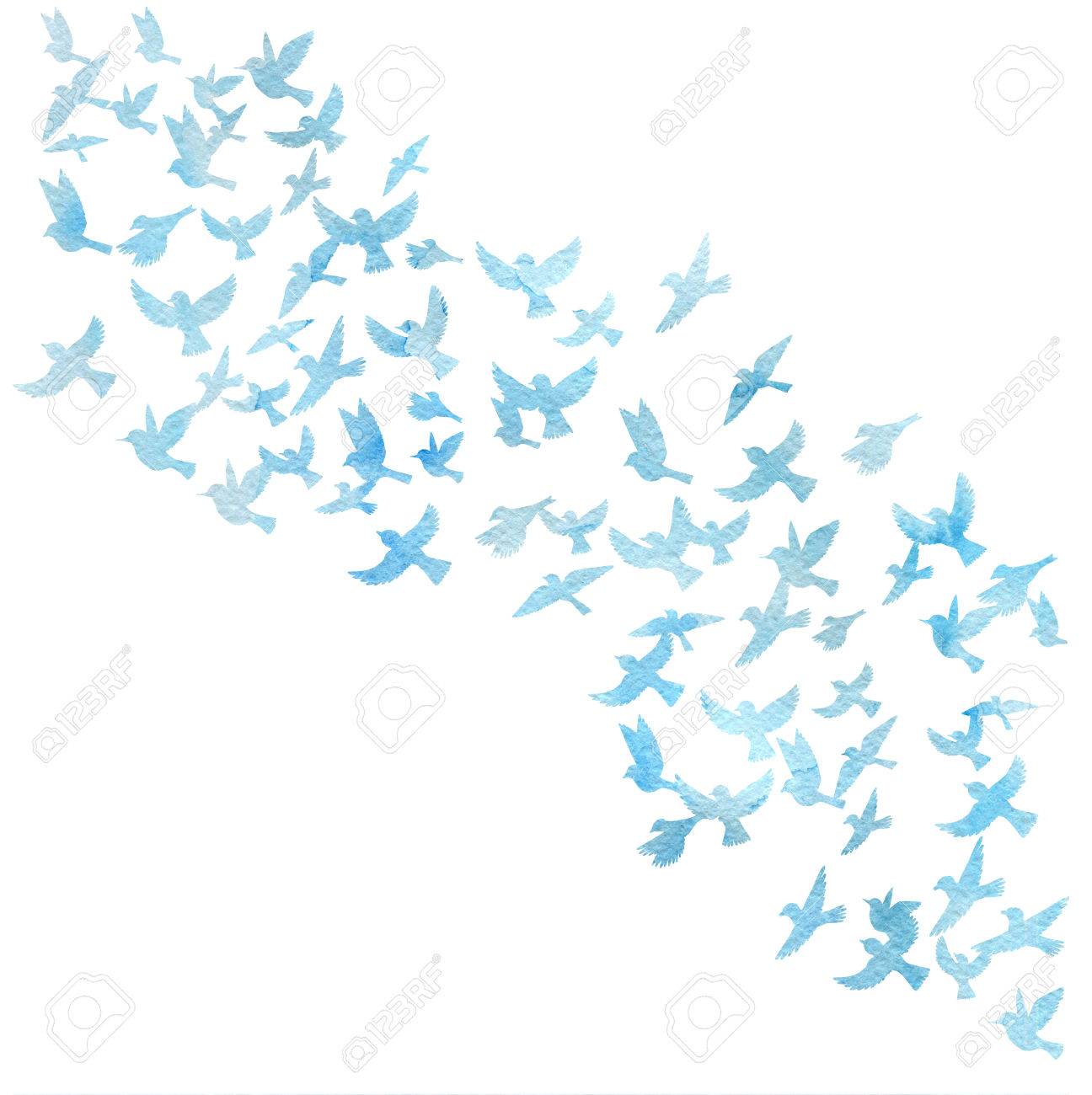 水彩の空飛ぶ鳥シルエットの写真素材・画像素材 Image 75957598