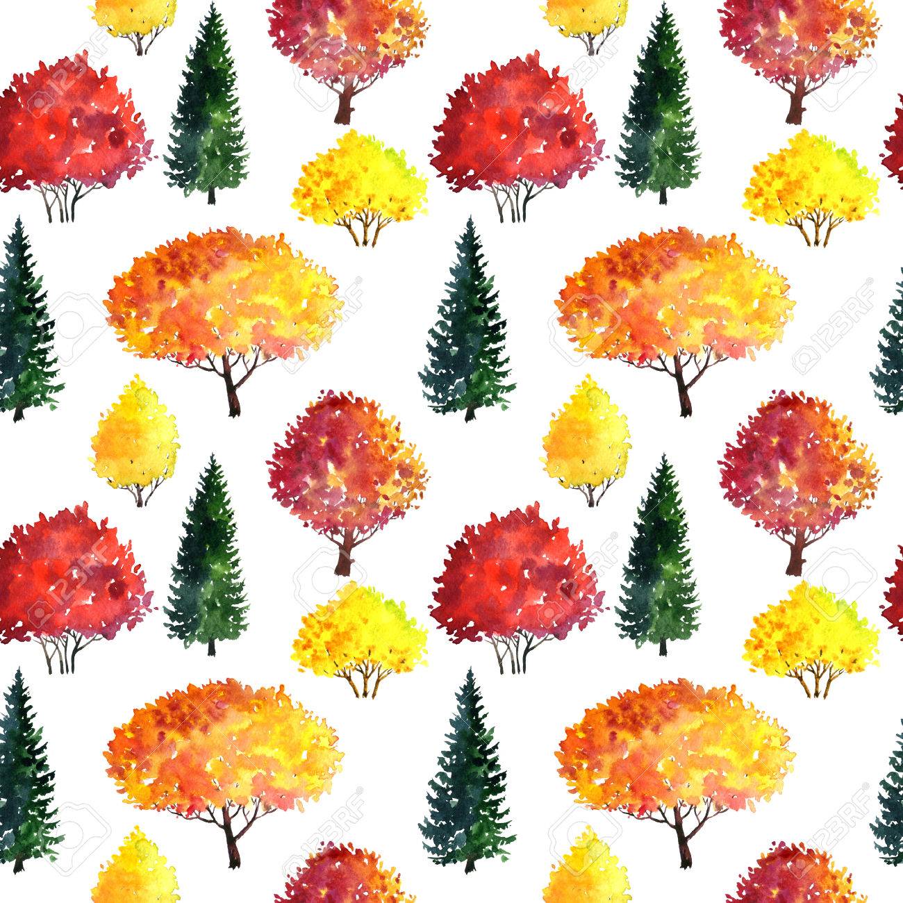 水彩画紅葉赤と緑もみ 抽象的な性質の背景 フォレスト テンプレート シームレスなパターンの手描き下ろしイラスト の写真素材 画像素材 Image