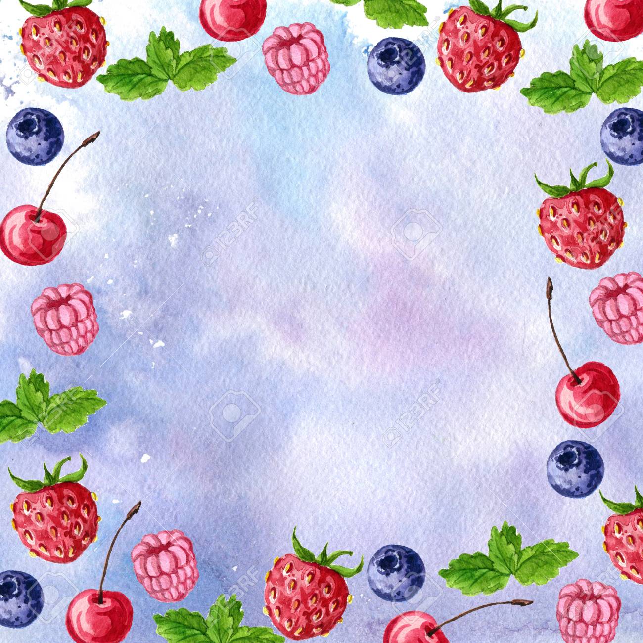 ベリーとミントの葉 イチゴ ラズベリー チェリー ブルーベリー 青水彩背景手描き下ろしイラスト の写真素材 画像素材 Image