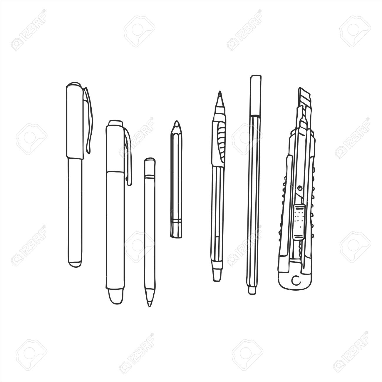 美術品 ペン 鉛筆 紙ナイフの線画セット 手描きベクトルイラスト のイラスト素材 ベクタ Image