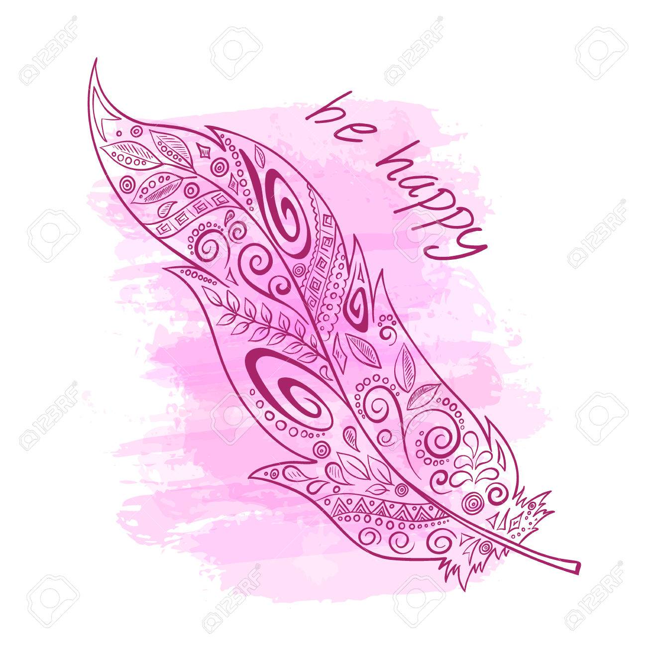 Vector Printable Illustration With Zentangle Feather On Watercolor