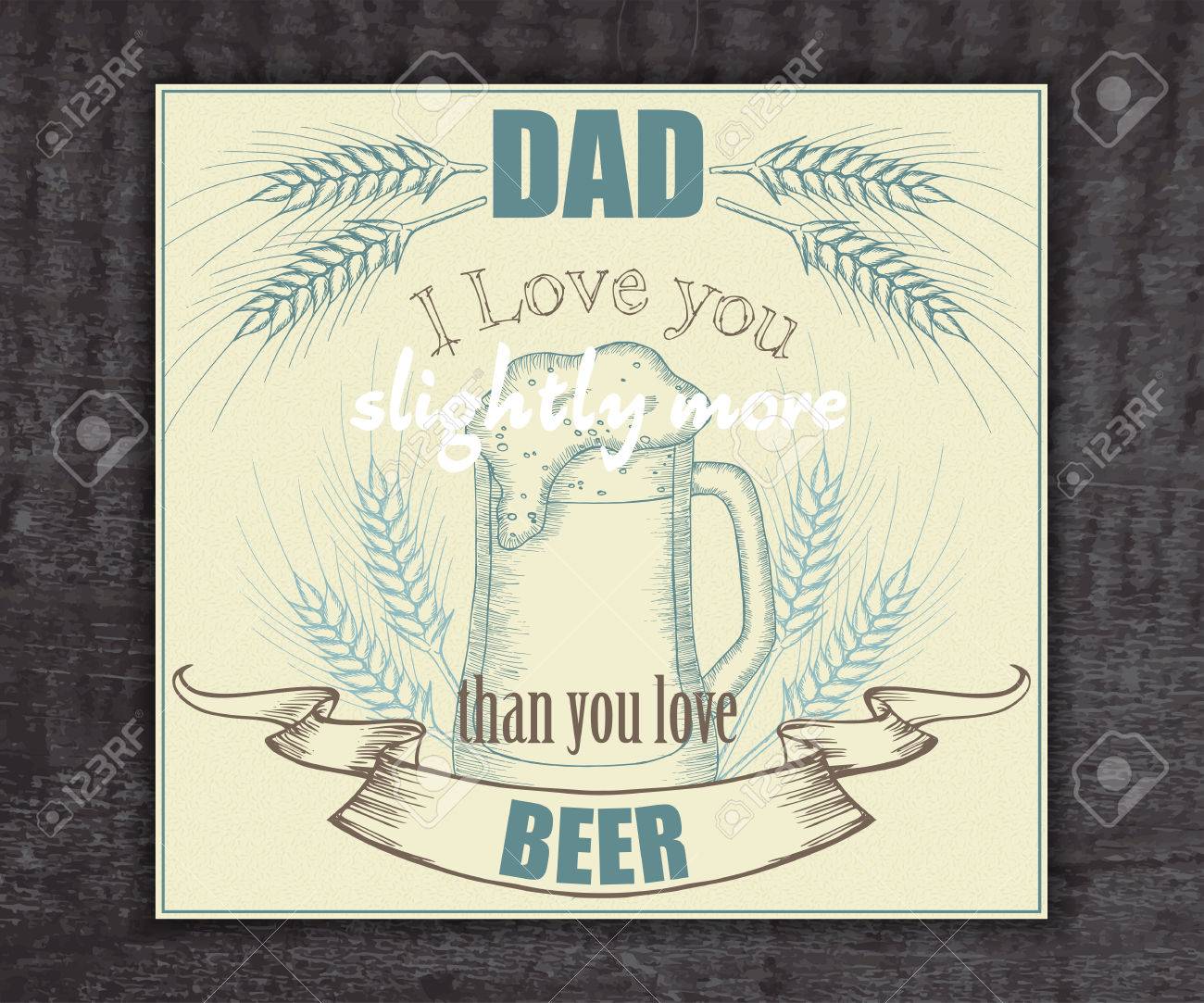ベクトル ビール ヴィンテージ手は ラベル ビールのジョッキ 麦の穂の父の日のグリーティング カードを描画します のイラスト素材 ベクタ Image