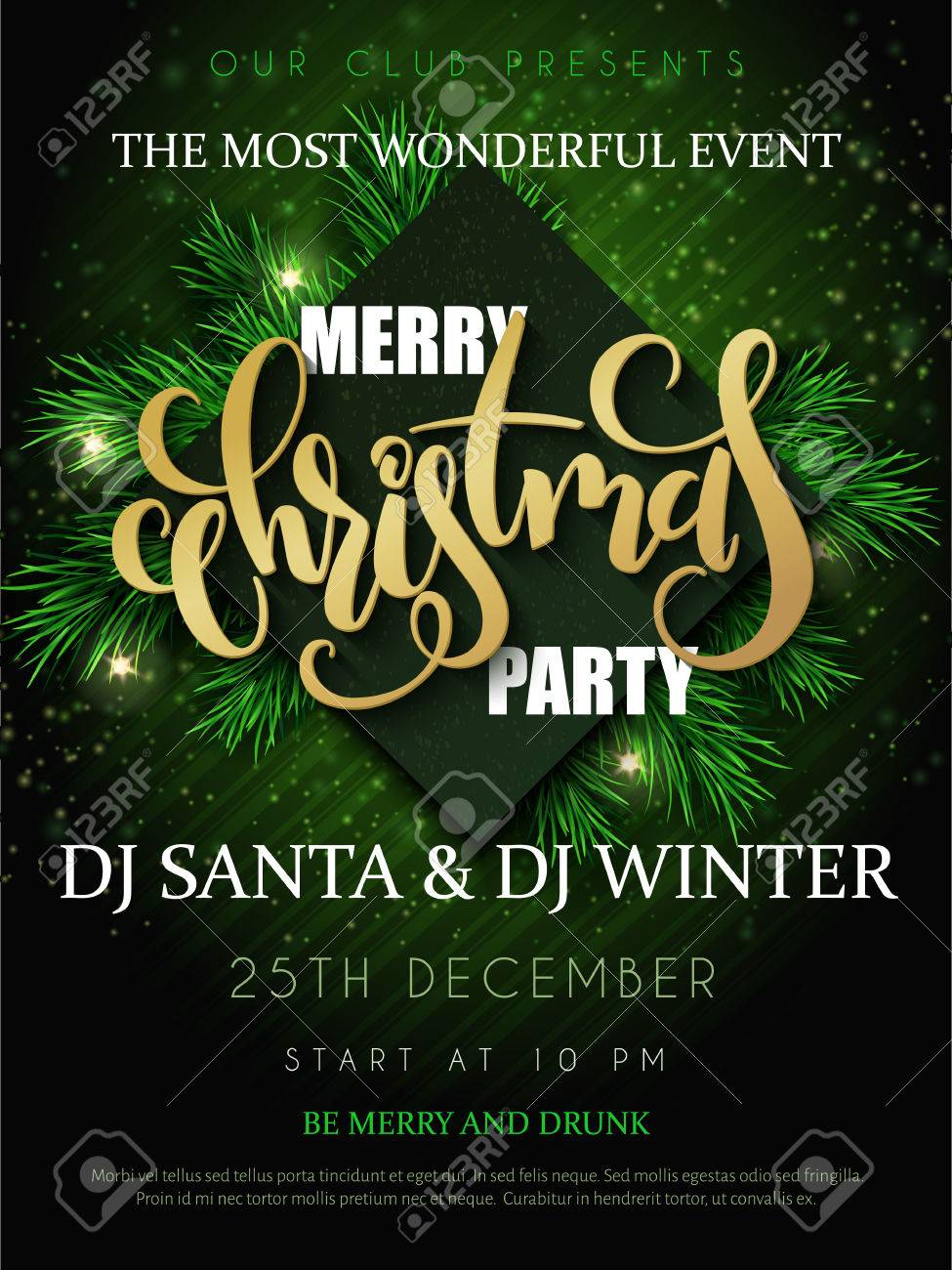 vector vector illustration of christmas party poster with hand lettering label christmas with fir tree branches