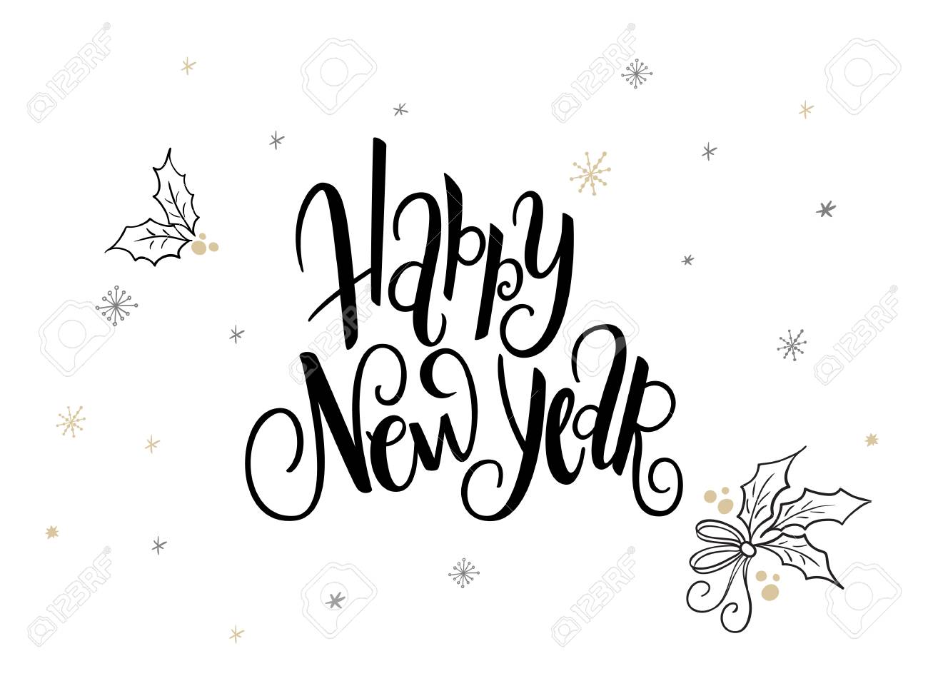 新しい 2018 年のラベル 幸せをレタリング ベクトル手 Hew 年 ヒイラギの葉と雪の結晶 のイラスト素材 ベクタ Image 91015694