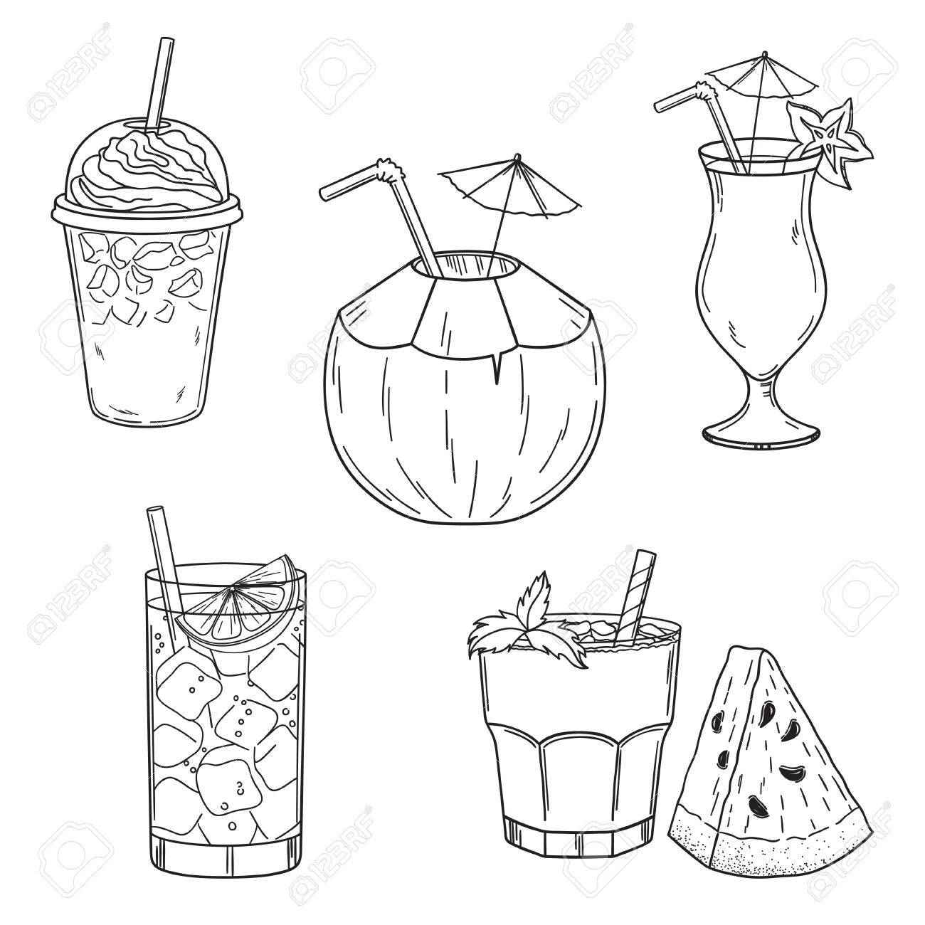Set Of Hand Drawn Summer Drinks Iced Coffee Coconut Lime Water Cocktail Set Of Hand Drawn Summer Drinks Iced Coffee Coconut Lime Water Cocktail