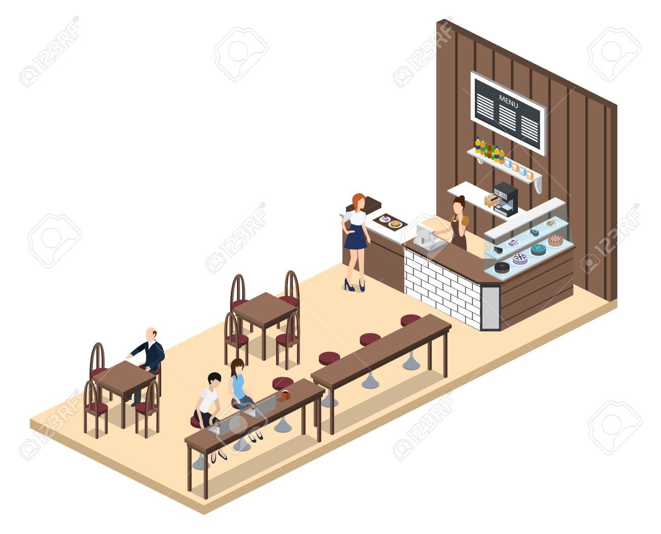 アイソメトリック3dベクトルイラストデザインインテリアコーヒーショップ ウェイトレスやケーキ付きコーヒーショップ のイラスト素材 ベクタ Image アイソメトリック3dベクトルイラストデザインインテリアコーヒーショップ ウェイトレスやケーキ付きコーヒーショップ のイラスト素材 ベクタ Image