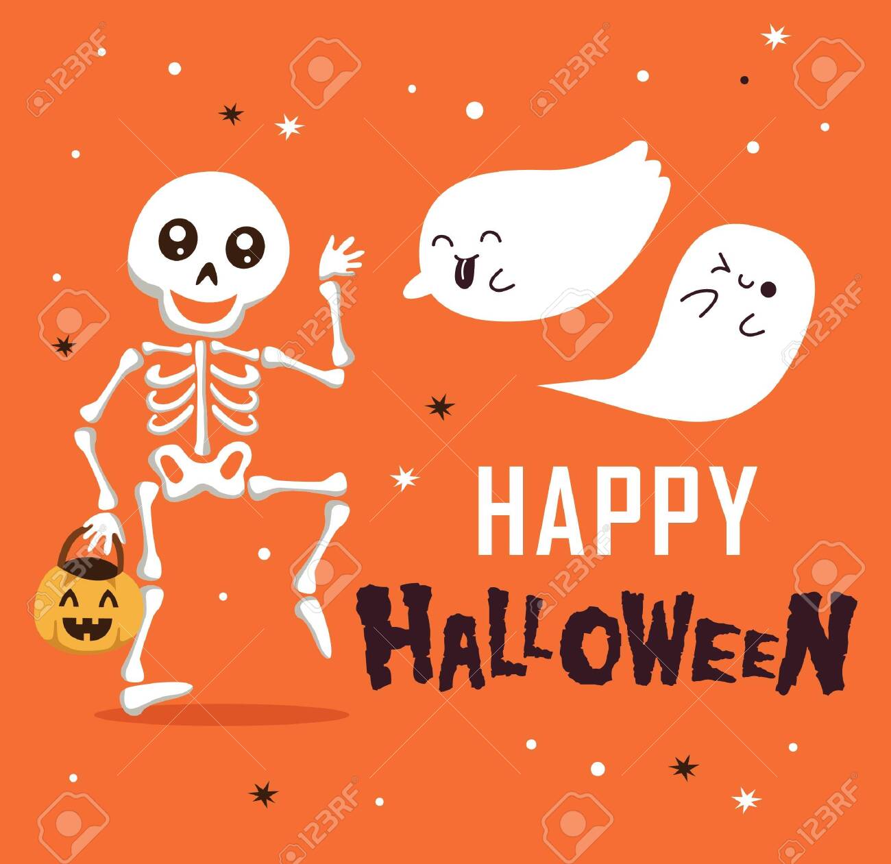 Happy Halloween With Funny Skeleton And Cute Ghost Cartoon Character Royalty Free Cliparts Vectors And Stock Illustration Image 130710534