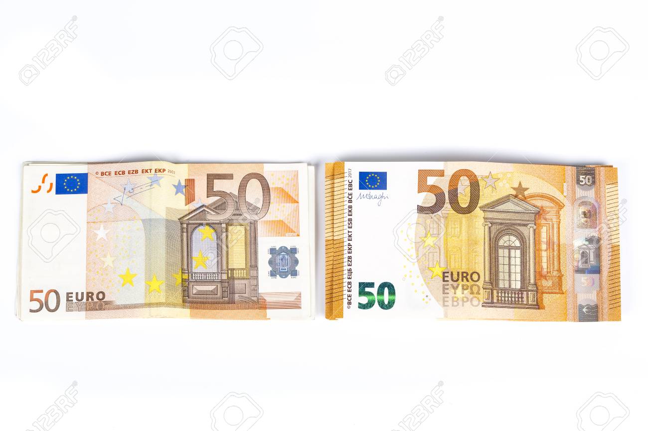 환 약의 종이 50 유로 지폐, 50 유로의 2 다른 지폐. 미국의 지불 시스템의 일환으로 로열티 무료 사진, 그림, 이미지 그리고  스톡포토그래피. Image 83784221