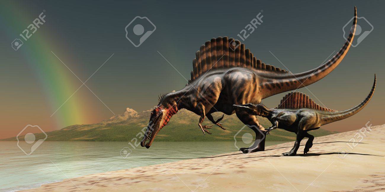 スピノサウルス虹 母スピノサウルス恐竜湖に水の飲み物の彼女の子孫をもたらします の写真素材 画像素材 Image