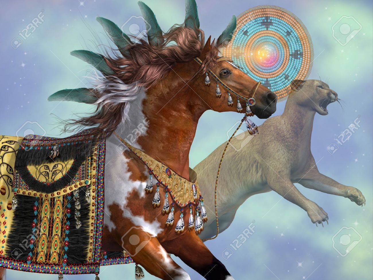 クーガー馬 の年のペンキの馬とクーガー猫は アメリカ インディアンの文化のシンボル の写真素材 画像素材 Image