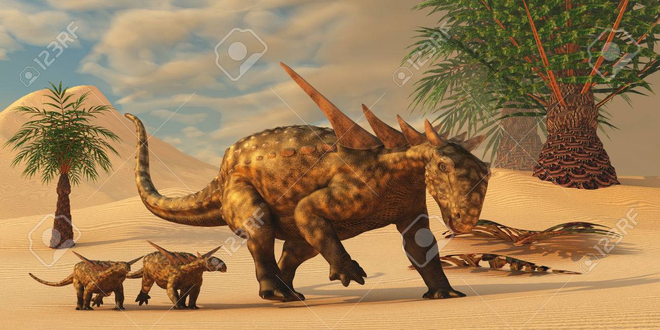 砂漠 A Sauropelta 母 Sauropelta 恐竜は白亜紀の北アメリカの砂漠地帯で彼女の子孫をリードします の写真素材 画像素材 Image