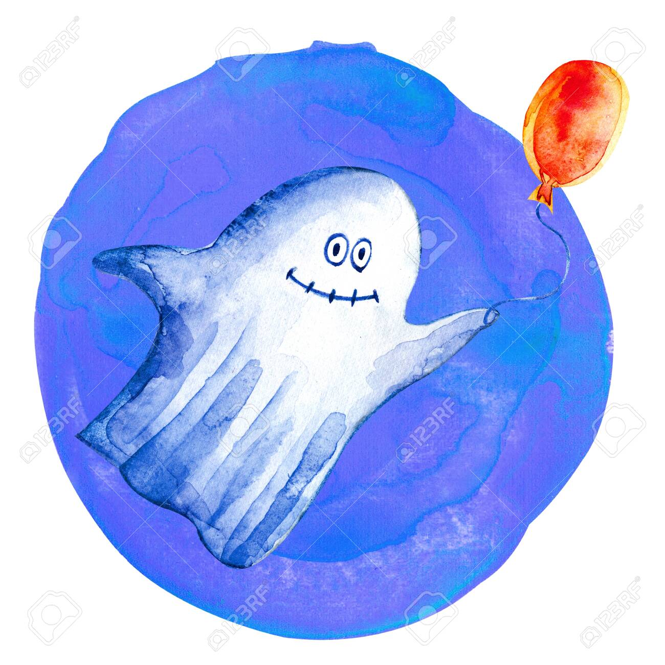 Cheerful Ghost Watercolor In Blue Circle Isolated On White