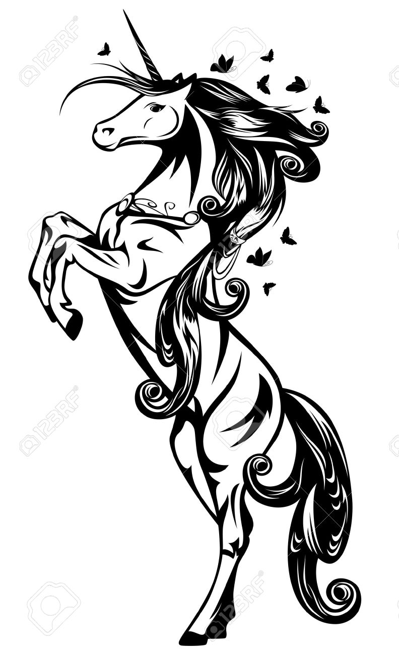 Schone Magische Einhorn Mit Langer Mahne Und Schmetterlinge Herumfliegen Schwarz Weiss Umriss Lizenzfrei Nutzbare Vektorgrafiken Clip Arts Illustrationen Image