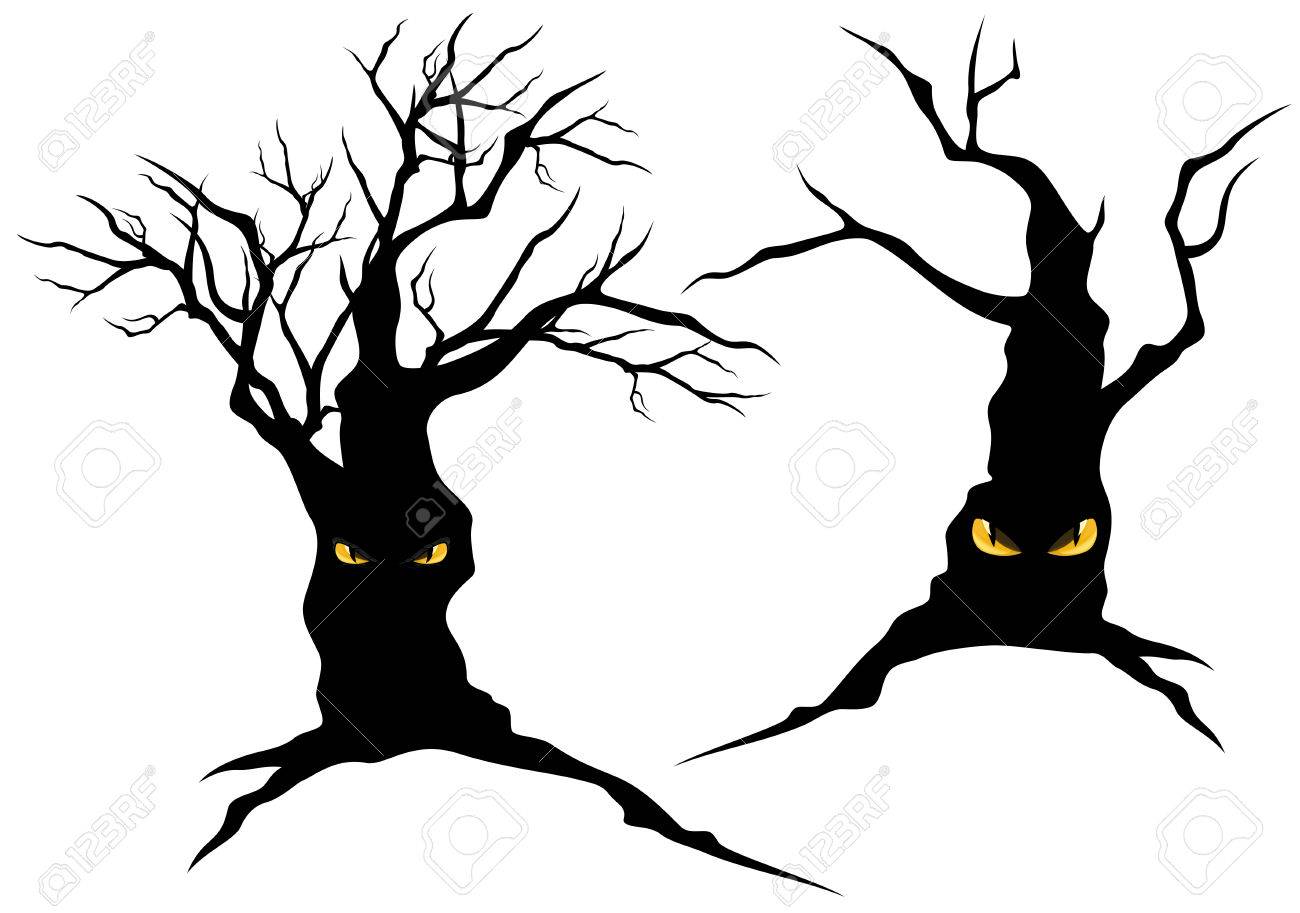 creepy halloween trees with evil eyes set monster vector