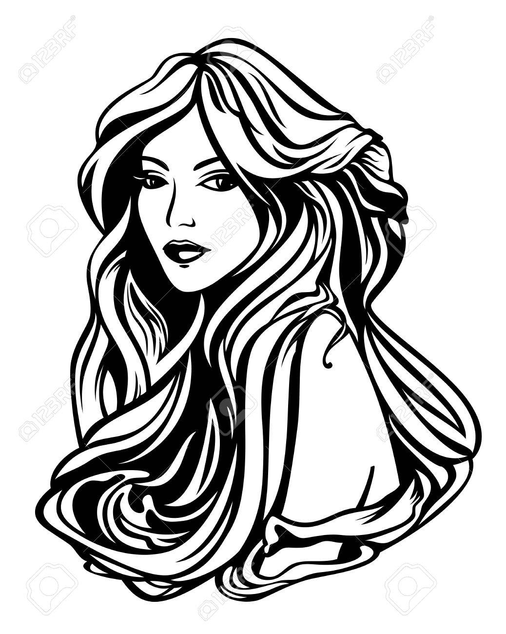 長い派手な髪の黒と白のベクトルの肖像と美しい女性 のイラスト素材 ベクタ Image