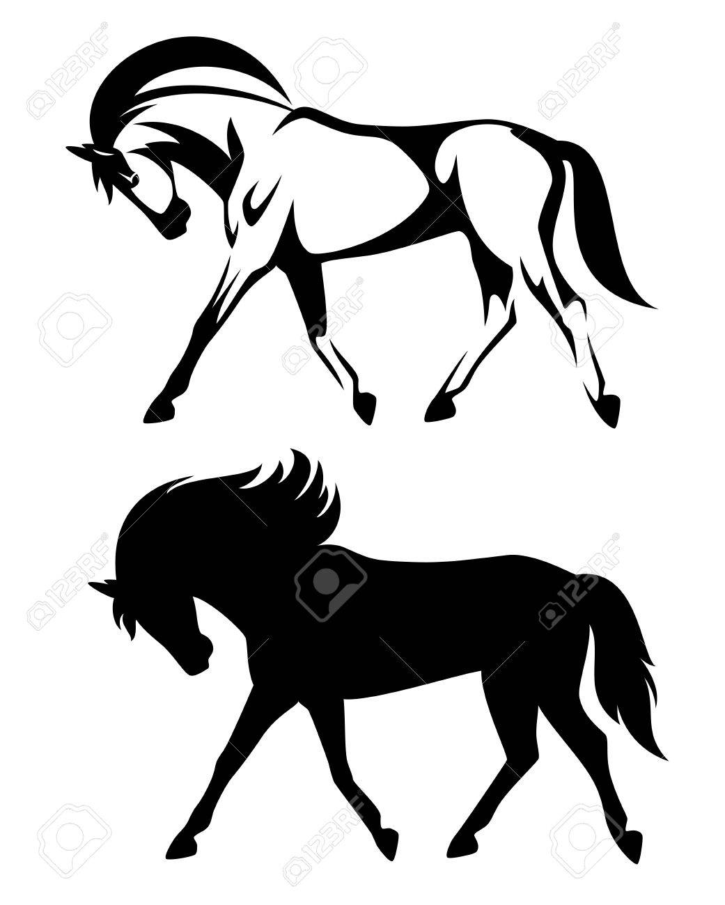 黒と白の馬デザイン サイド ビュー概要とシルエットを実行のイラスト素材 ベクタ Image