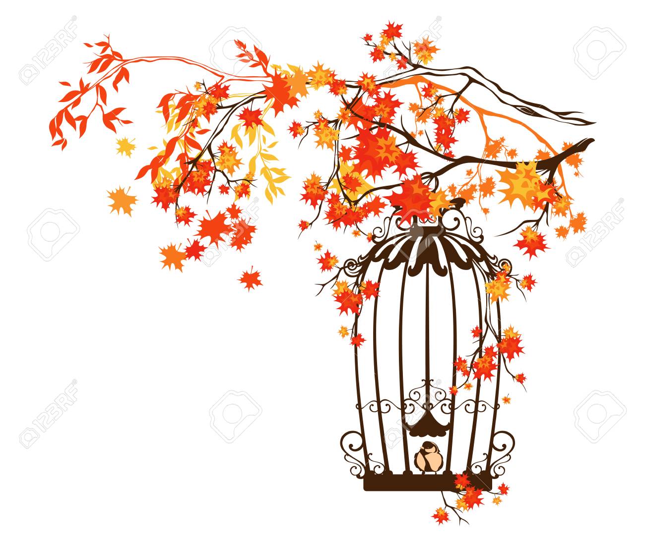 秋の木の枝 秋シーズンのデザインの中で鳥籠 のイラスト素材 ベクタ Image