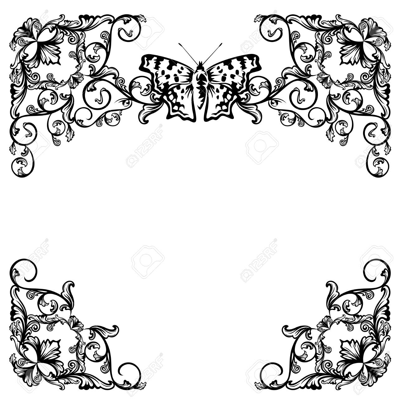 Schmetterling Und Blumengarten Schwarz Weiss Vektor Rahmen Design Set Lizenzfrei Nutzbare Vektorgrafiken Clip Arts Illustrationen Image