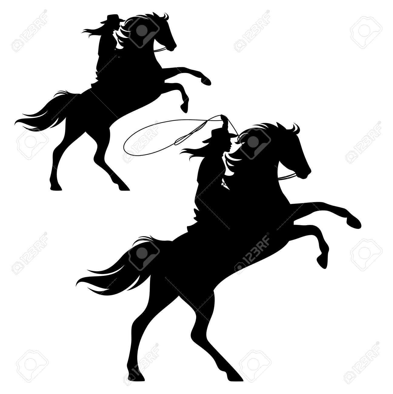 Cowgirl Riding A Horse And Throwing Lasso - Rearing Up Stallion And Woman  Cowboy Black And White Vector Silhouette Design Set Royalty Free SVG,  Cliparts, Vectors, and Stock Illustration. Image 164109319., image size:1297x1300