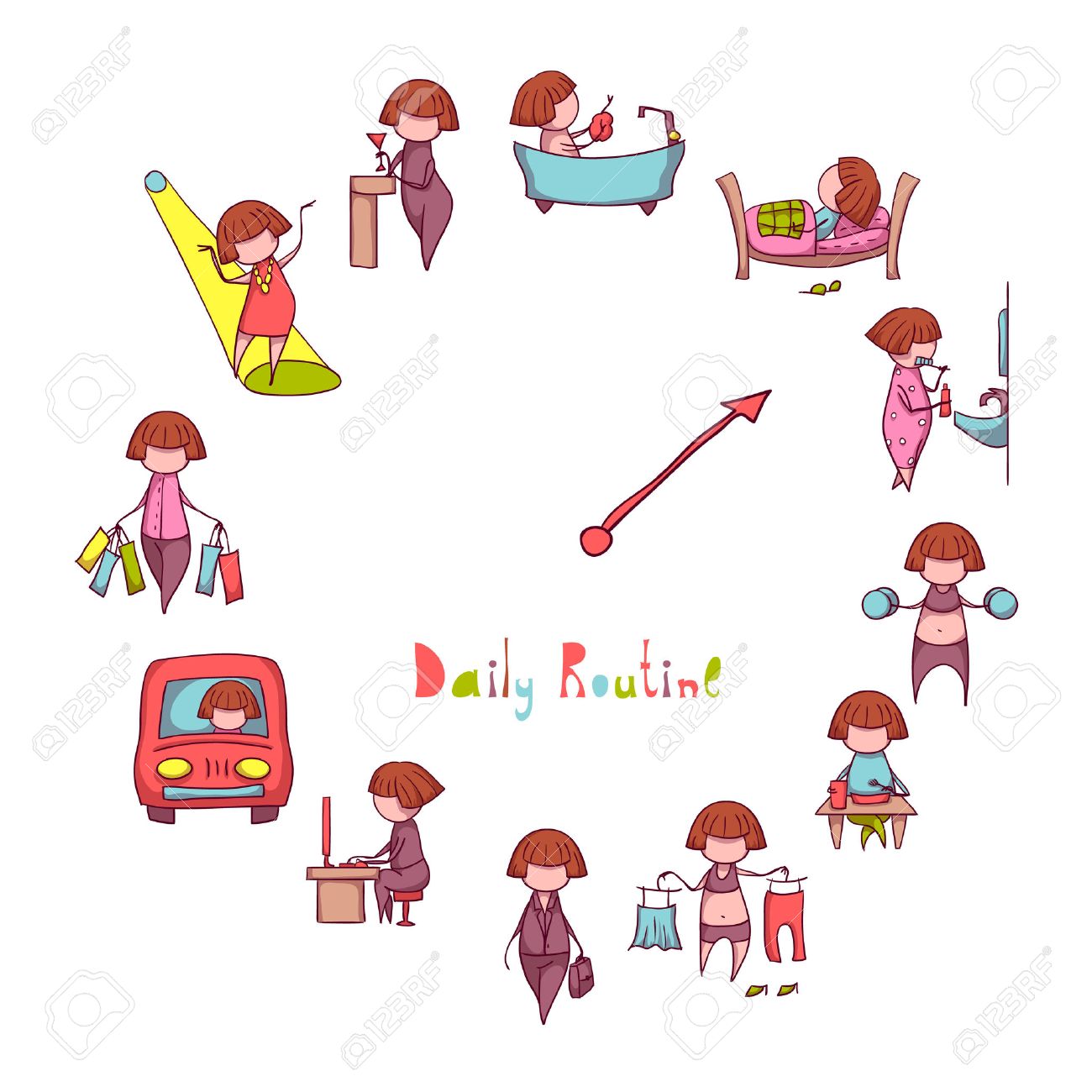 毎日のルーチン ベクトル面白い女の子を設定します のイラスト素材 ベクタ Image