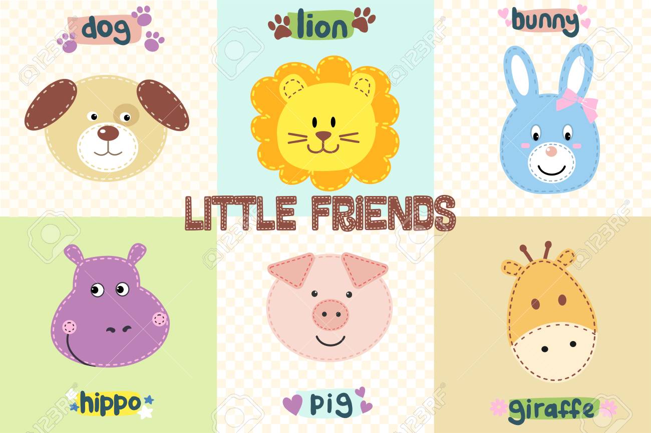 Illustration Vectorielle De Visages D Animaux Mignons Pour La Conception De Bebe Icone Tete D Animal De Dessin Anime Personnages Droles Fond De Patchwork Colore Avec Des Animaux Domestiques Ensemble De Six Illustrations Vectorielles