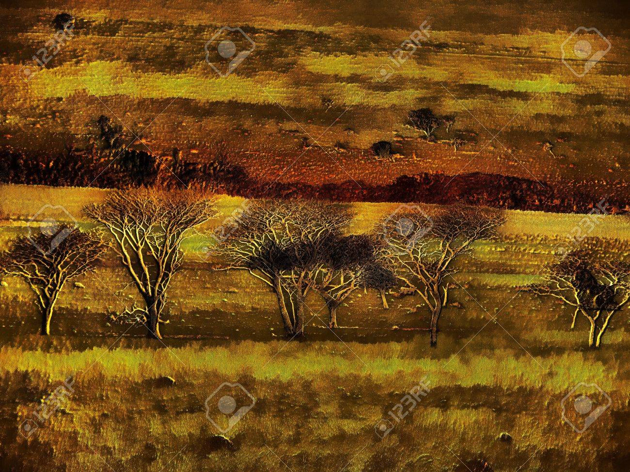 unique 3d bare winter trees in nature painting on canvas stock photo