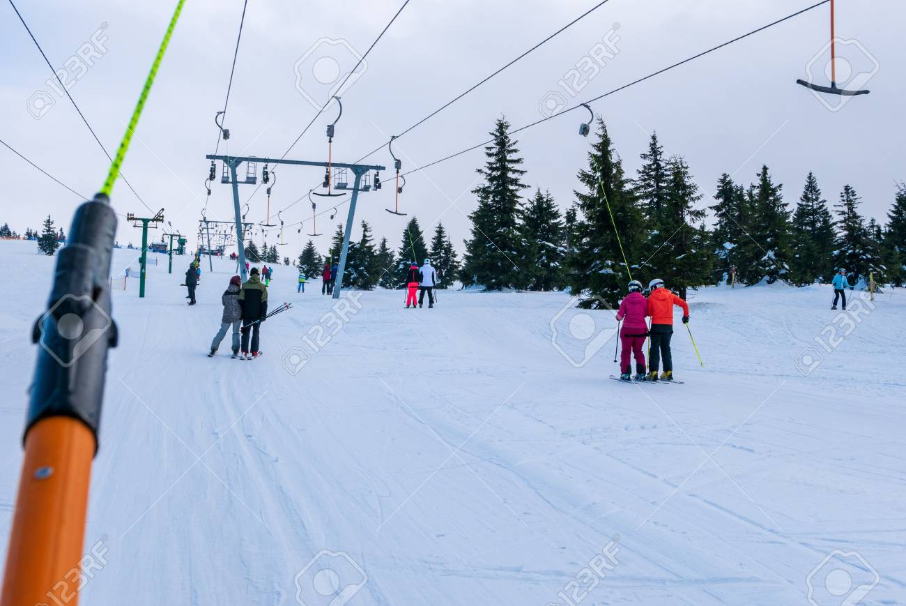 Skiers On T Bar Ski Lift In Szklarska Poreba Poland Stock Photo Picture And Royalty Free Image Image 109585816