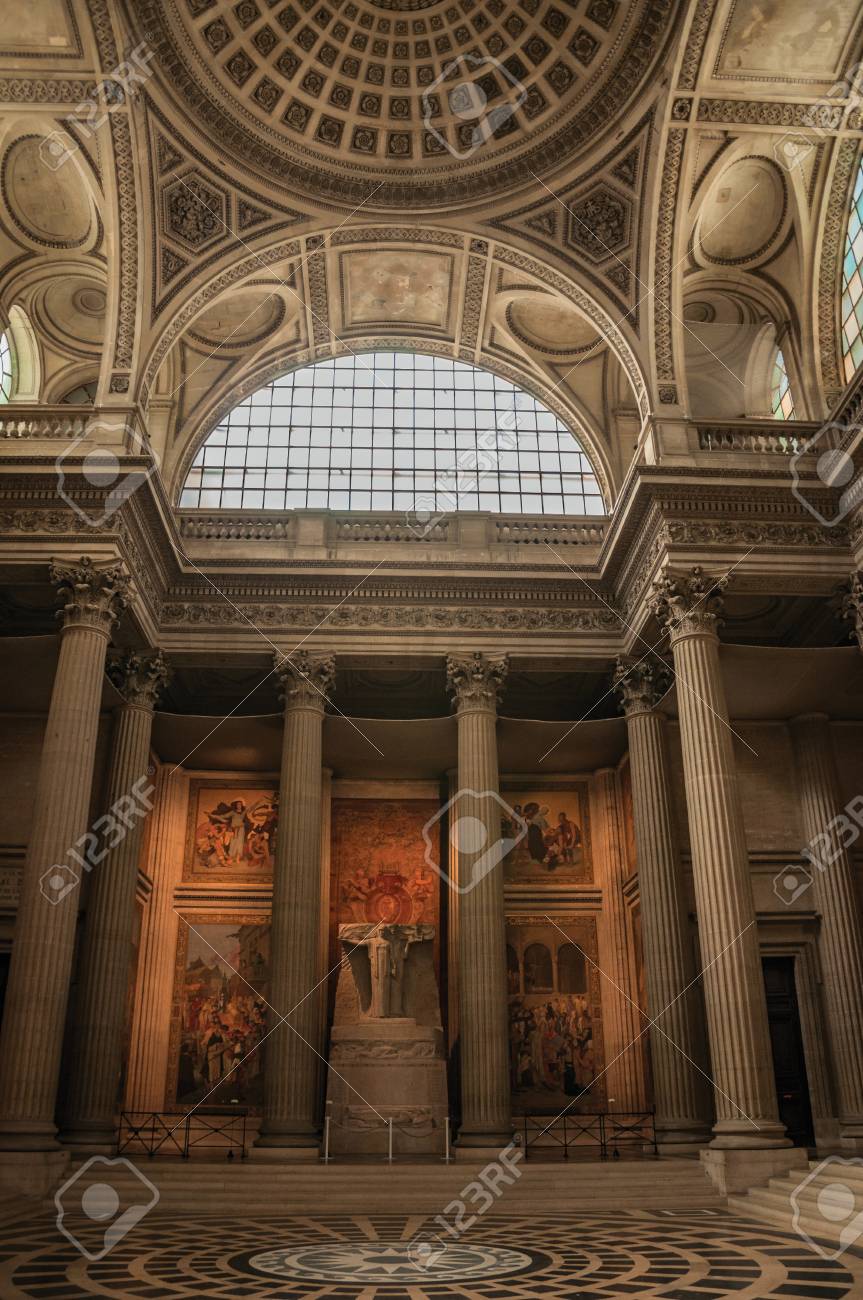 Paris Northern France July 12 2017 Pantheon Inside View With High Ceiling Columns Statues And Paintings Richly Decorated In Paris Known As One Of The World S Most Impressive Cultural Centers Stock