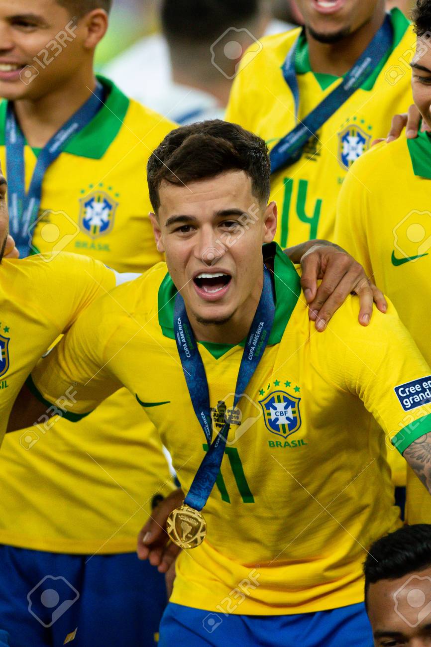 Rio, Brazil - July 7, 2019: Philippe Coutinho Of Brazil Wins Peru In 3x1  During The Game Of The 2019 Copa America Final In Maracana Stadium And Is  Champion. Stock Photo, Picture, image size:866x1300