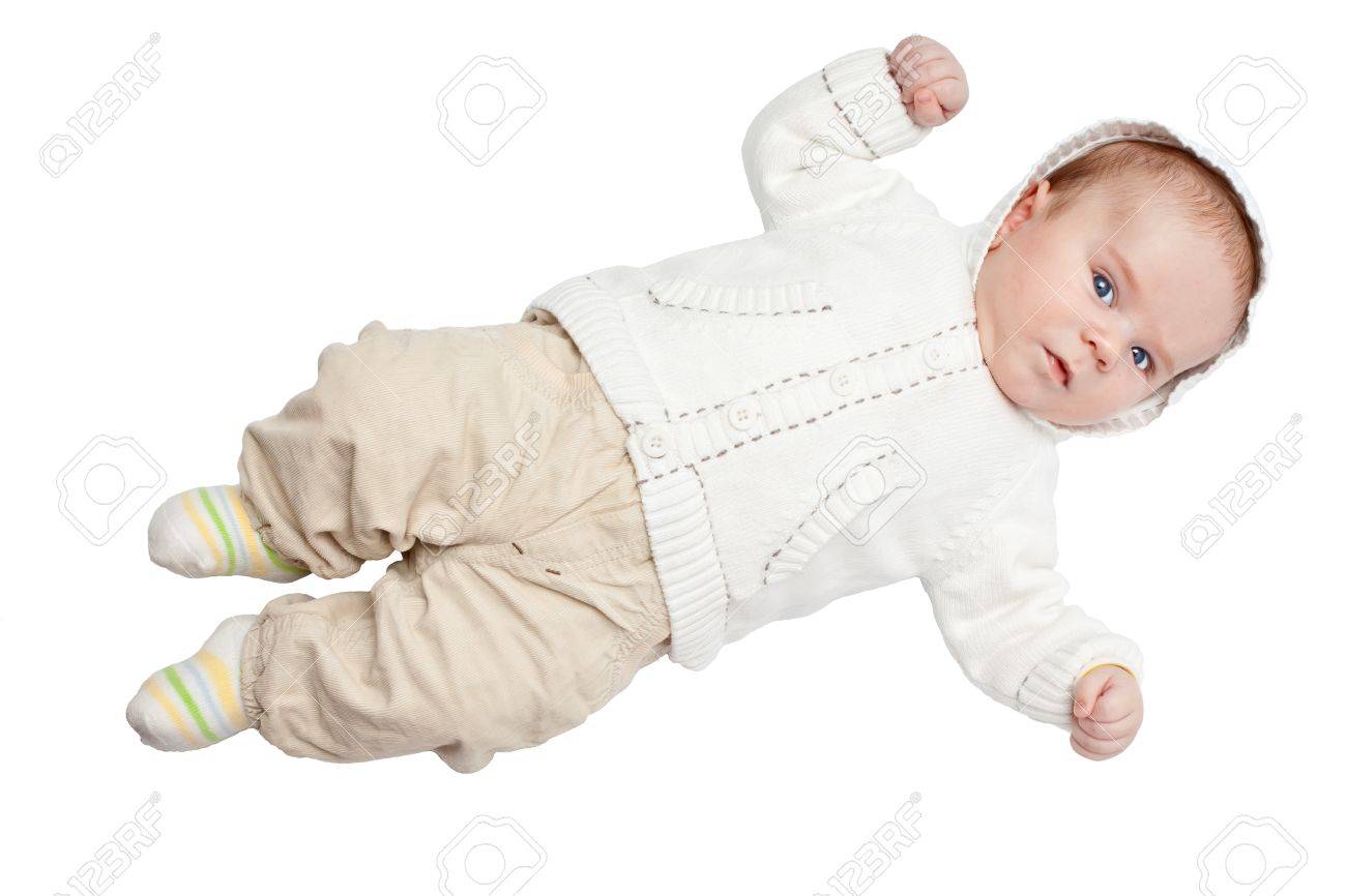 3 Mois Vieux Bebe Habille En Blanc Tricote A Capuche Et Pantalon Beige Pose Isole Sur Fond Blanc Banque D Images Et Photos Libres De Droits Image