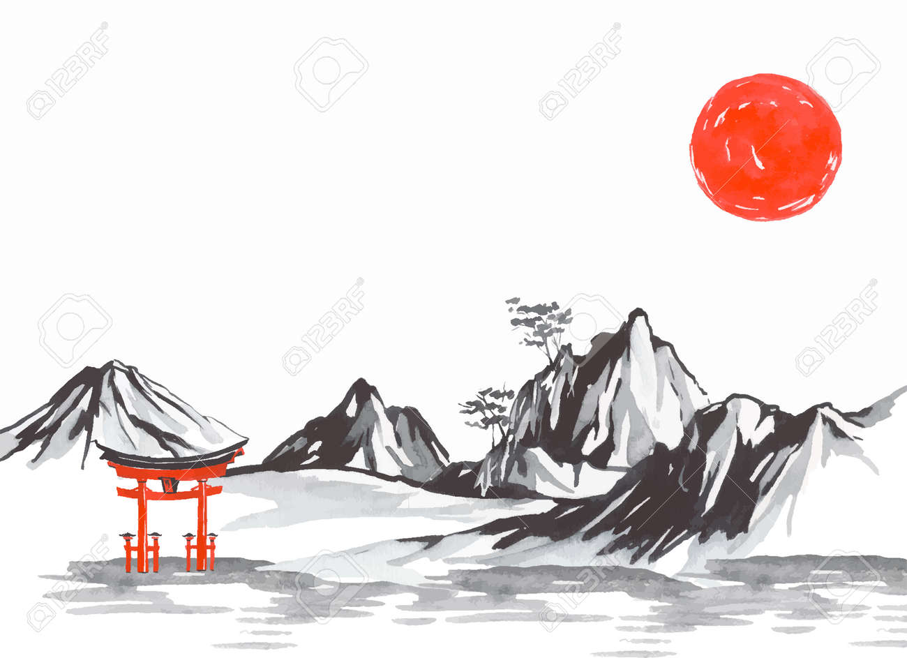 日本の伝統的な水墨画。山、さくら、夕焼け。日本の太陽。インドの