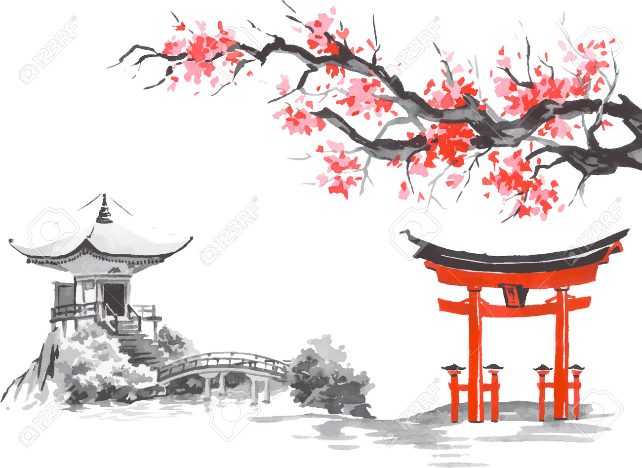 日本の伝統的な水墨画。富士山、さくら、夕焼け。日本の太陽