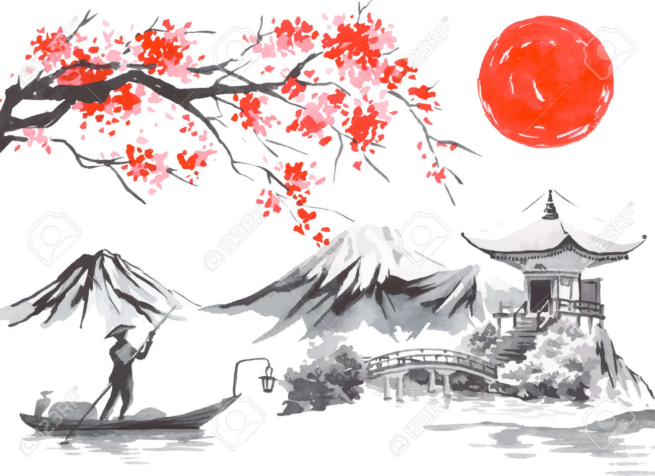水墨画 山水風景 漁師 桜の木 水墨画 山水風景 漁師 桜の木