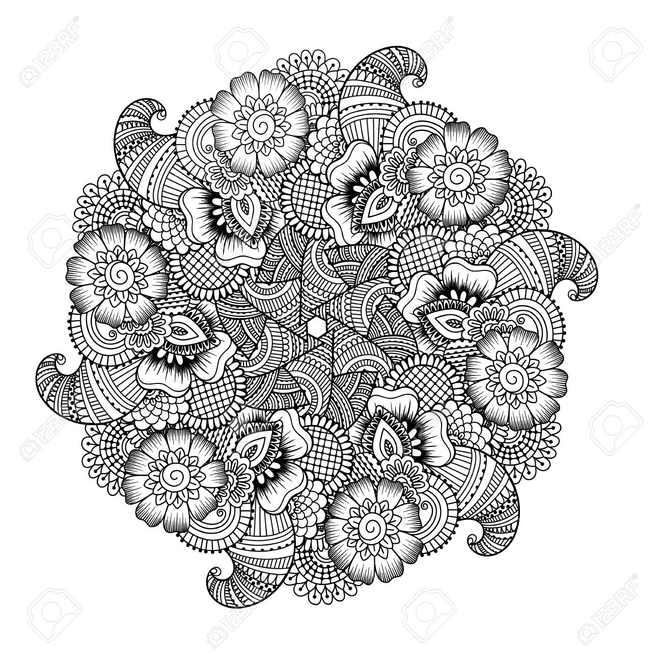 円形塗り絵要素 黒と白の民族ヘナ パターン 花曼荼羅 のイラスト素材 ベクタ Image