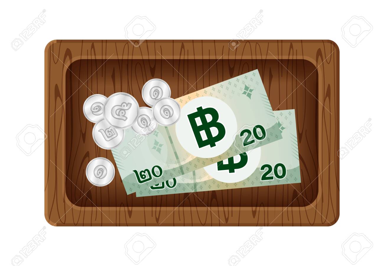 banknote money 20 baht thai and token coin on wood tray, money with giving tip concept, banknote and coin money wooden plate isolated on white, thailand money baht on for give thanks service mind - 144404764 banknote money 20 baht thai and token coin on wood tray, money with giving tip concept, banknote and coin money wooden plate isolated on white, thailand money baht on for give thanks service mind - 144404764