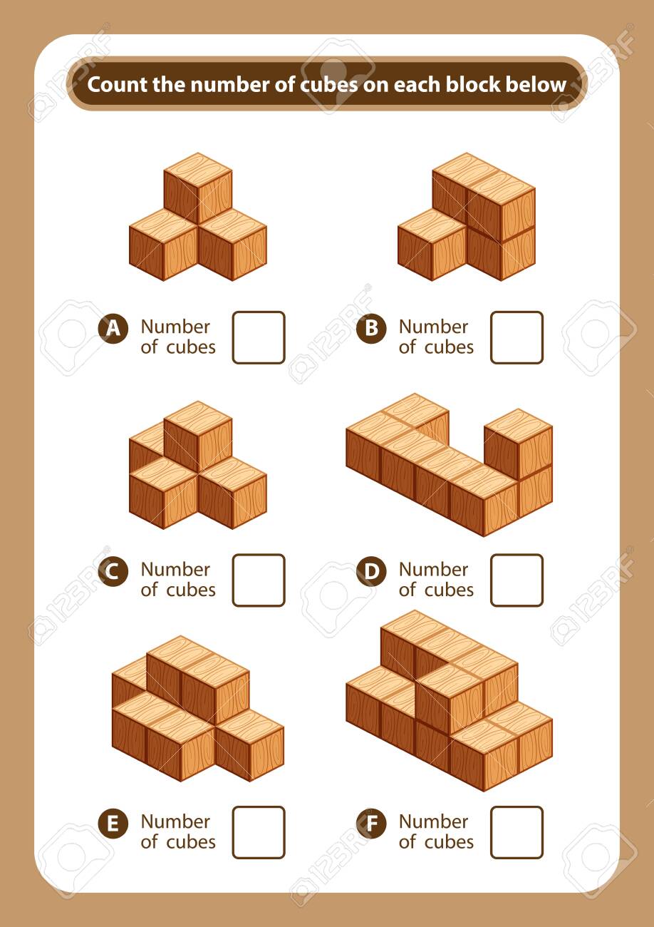 Articles Sheet Count The Number Of Cubes On Each Block, Kids Activity Sheet For Counting Number 3D Cubes, Logic Counting For Preschool Children, Worksheet Educational A Mathematical Game For Printable Royalty Free