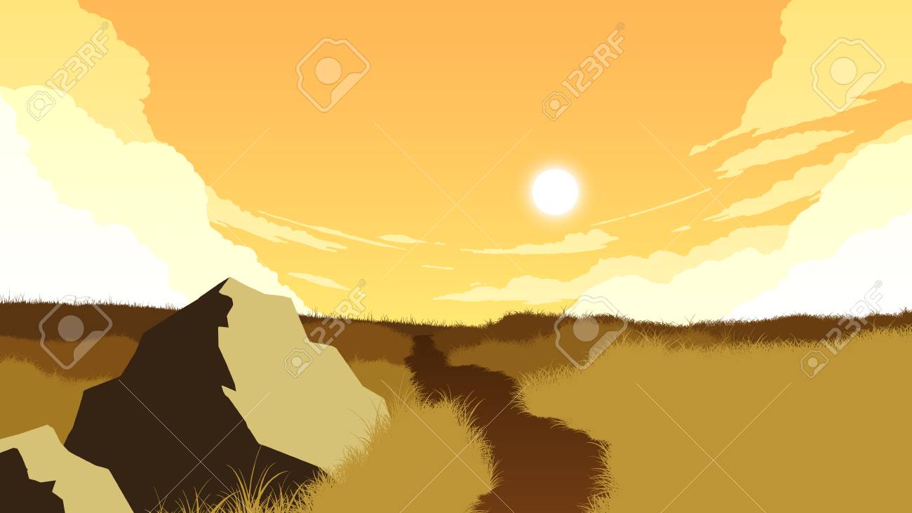 夜の時間でフィールドの風景単色イラストのイラスト素材 ベクタ Image 夜の時間でフィールドの風景単色イラストのイラスト素材 ベクタ Image