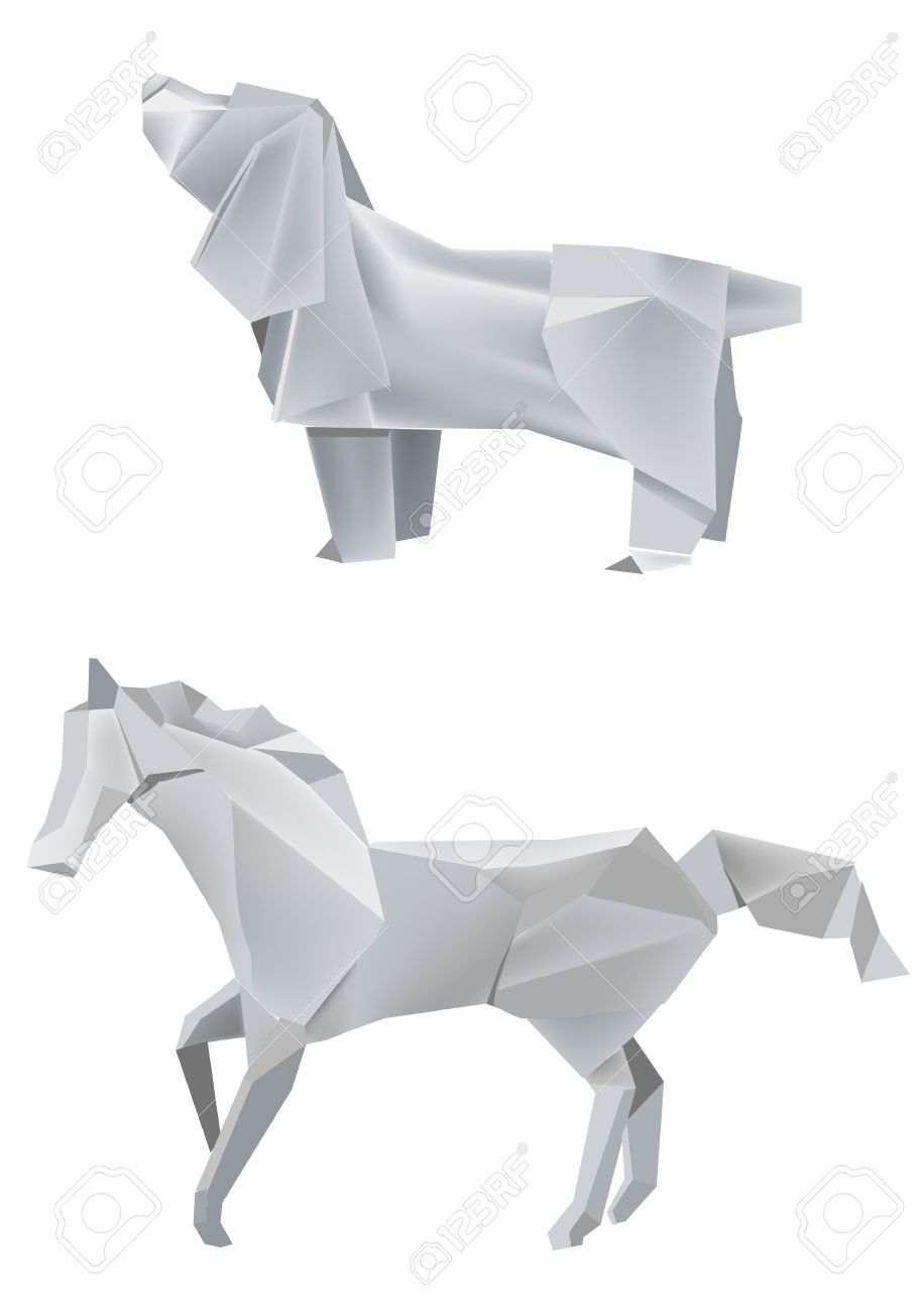 Ilustración De Los Modelos De Papel Plegado El Perro Y El Caballo Sobre Fondo Blanco Ilustración Vectorial