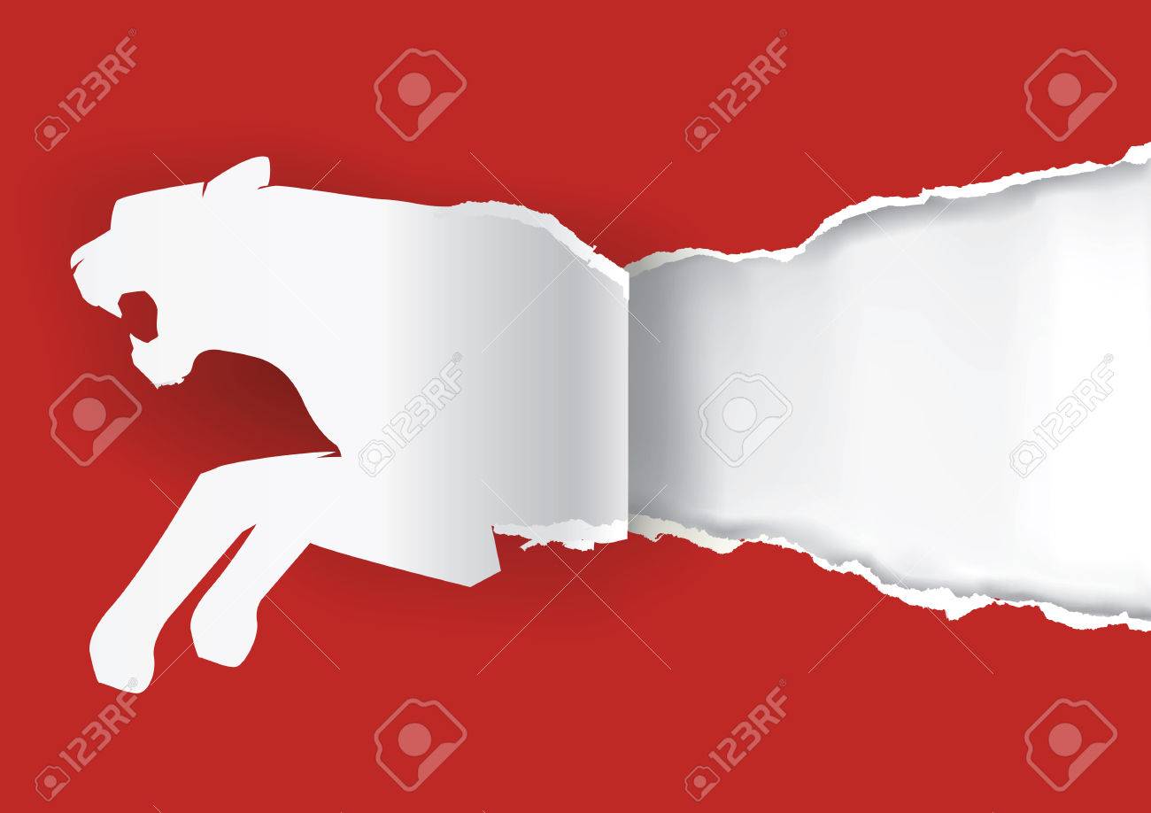 Paper Silhouette Of Tiger Ripping Red Paper Background With