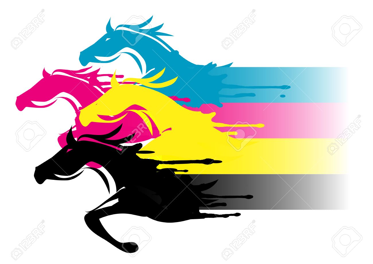 fast cmyk printing concept four running horses in the colors