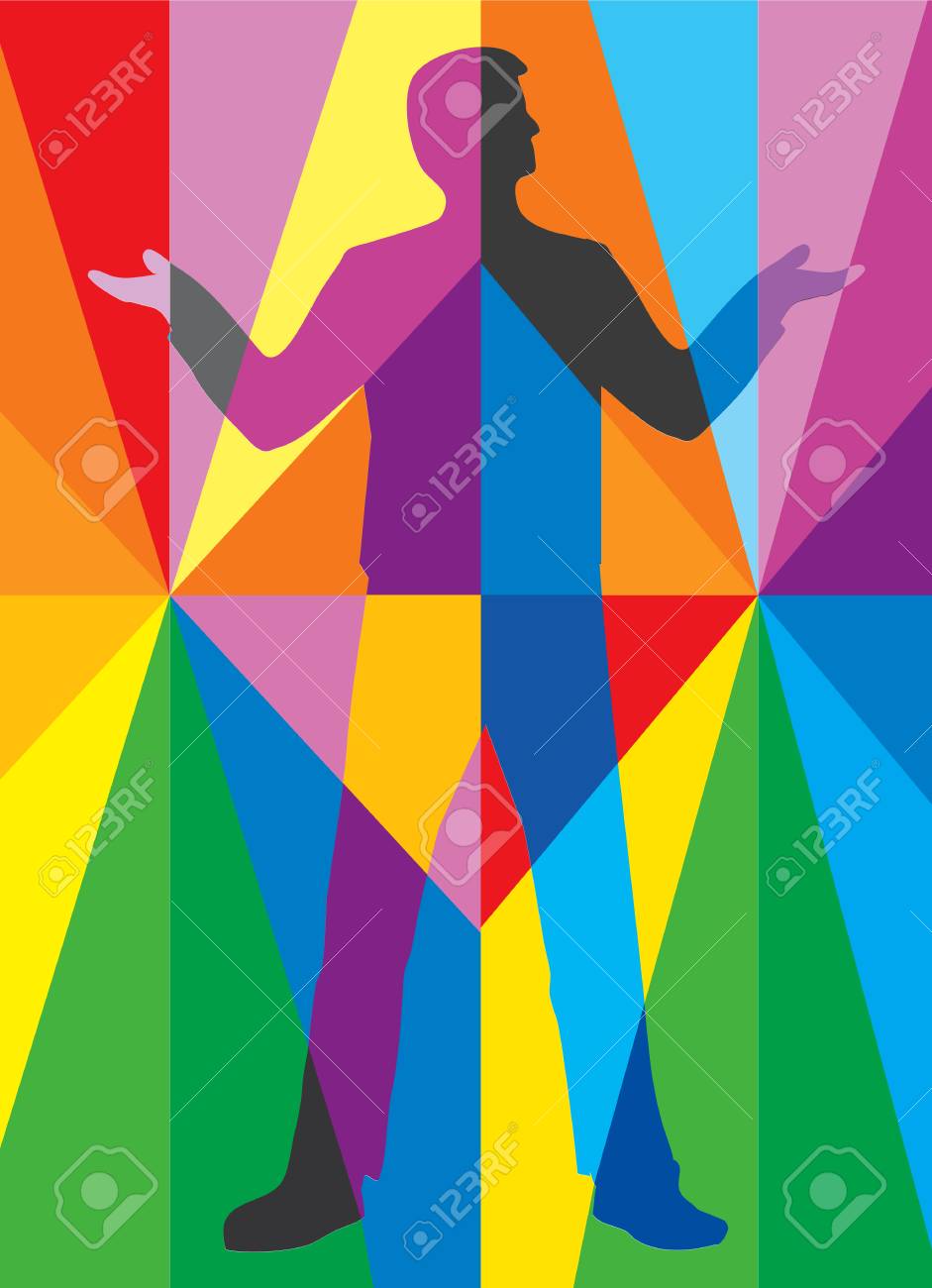 Homem No Espaco Abstrato Multicolorido Silhueta Masculina Estilizada Em Um Fundo Listrado Colorido Adequado Para Publicidade Para Venda De Cores Vector Disponivel Ilustraciones Vectoriales Clip Art Vectorizado Libre De Derechos Image 92912262