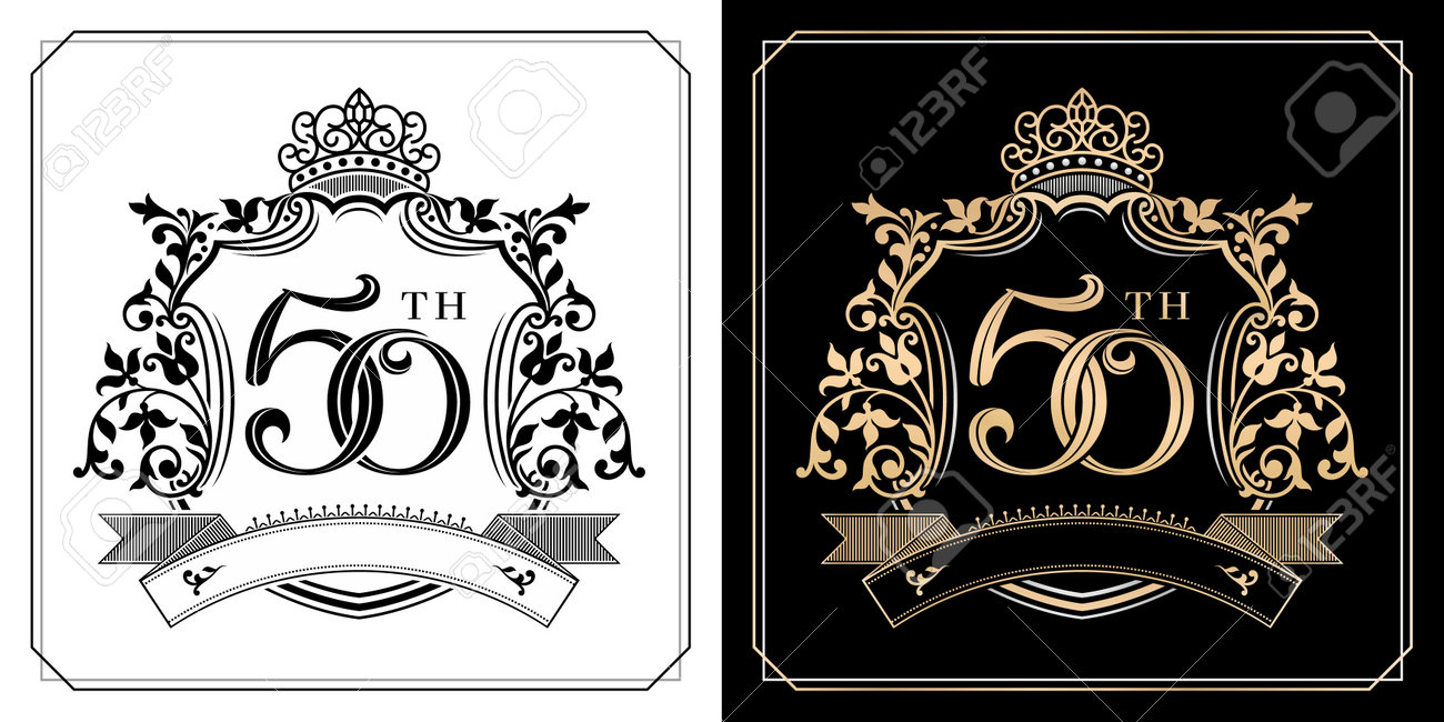 Illustration Du Symbole Du 50e Anniversaire D'or Avec Les Emblèmes De La  Couronne Royale, Deux Variantes D'or Et Des Arrière-plans Monochromes  Isolés En Noir Et Blanc. Applicable Pour Les Cartes De Voeux,, image size:1300x650